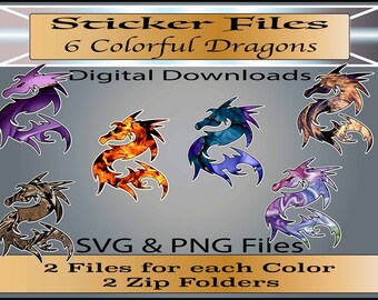Archivos de pegatinas de dragón - Archivos SVG / PNG de pegatinas - Conjunto de 6 dragones coloridos