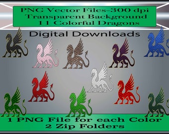 Dragones - Archivos PNG - Conjunto de 11 dragones coloridos