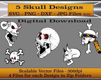 SVG - PNG - dxf - jpg -Cortar archivos - Conjunto de 5 calaveras únicas -Halloween Clip Art - Calaveras para Halloween