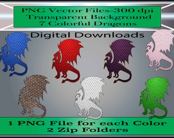 Dragon PNG Files - Conjunto de 7 dragones coloridos - Clipart Files