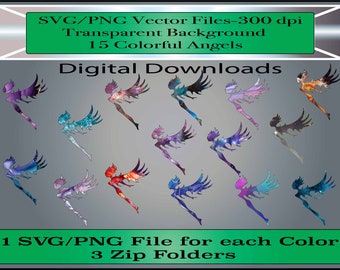 Angel/Fairy SVG-PNG Files - Fondos transparentes - Conjunto de 15 coloridos ángeles / hadas ...