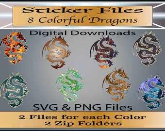 Archivos de pegatinas de dragón - Archivos SVG / PNG de pegatinas - Conjunto de 8 dragones coloridos