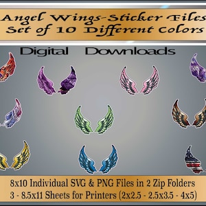 Angel Wings Stickers - SVG-PNG Stickers/Sticker Sheets - Angel Wings in 10 Different Colors