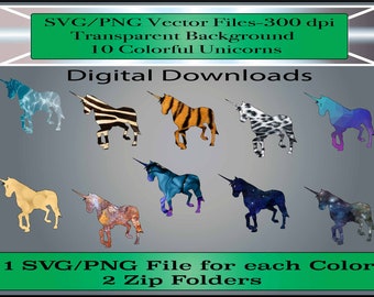 Unicorn SVG / PNG Clipart Files - Unicornios coloridos en 10 colores diferentes