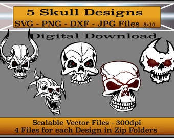 SVG - PNG - dxf - jpg -Cortar archivos - Conjunto de 5 calaveras únicas -Halloween Clip Art - Calaveras para Halloween