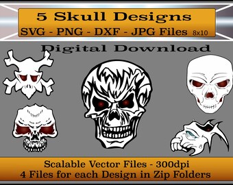 Skull Clipart - SVG - PNG - dxf - jpg -Cut Files - Set of 5 Unique Skulls -Halloween Clip Art - Skulls for Halloween