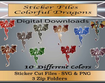 Archivos de pegatinas de dragón - Archivos SVG / PNG de pegatinas - Conjunto de 10 dragones coloridos