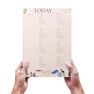 May include: A printable planner for scheduling sessions with clients. The planner has a light pink background with black text and lines. The top of the planner says "TODAY" and has a calendar for the week. The planner is divided into sections for each client, with space for their name, phone number, and notes. The bottom of the planner has a colorful illustration of children playing on a playground.