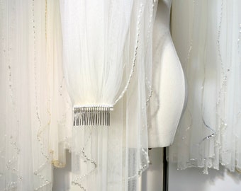 Pearl Bridal Veil, Beaded Wedding Veil,  Ivory Veil, White Veil, Fingertip Veil, Elbow Veil, Vintage Cathedral Veil