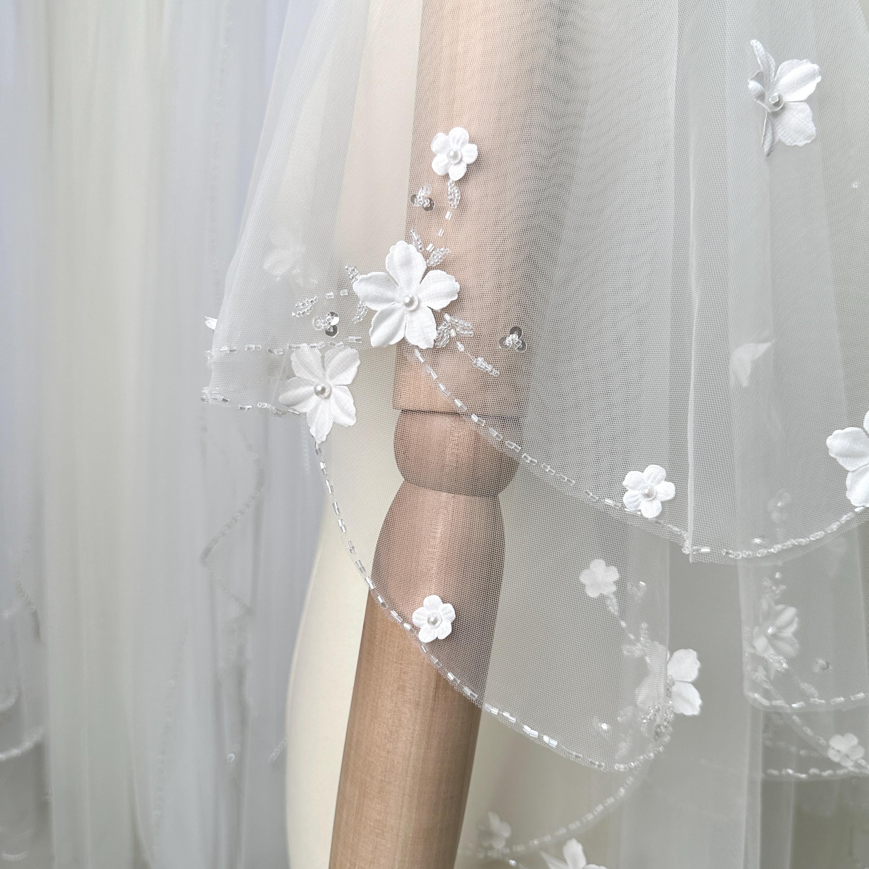 Elegant Two Tiered creamy  edged veil with beadwork 2 Tier Beaded Veil - Etsy main image 3