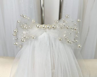 Pearl Bow Wedding Veil,Bridal bow veil,Veil with Bows,Elegant Beads Trim Veil,Pearl Wedding Veil,Blusher veil,Veil with pearls