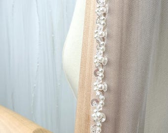 Voile fait main Voile de perles, Voile de garniture de perles, Voile de mariage blanc ivoire, Voile de perles, Voile de paillettes, Voile de perles de cristal, Voile de fard à joues