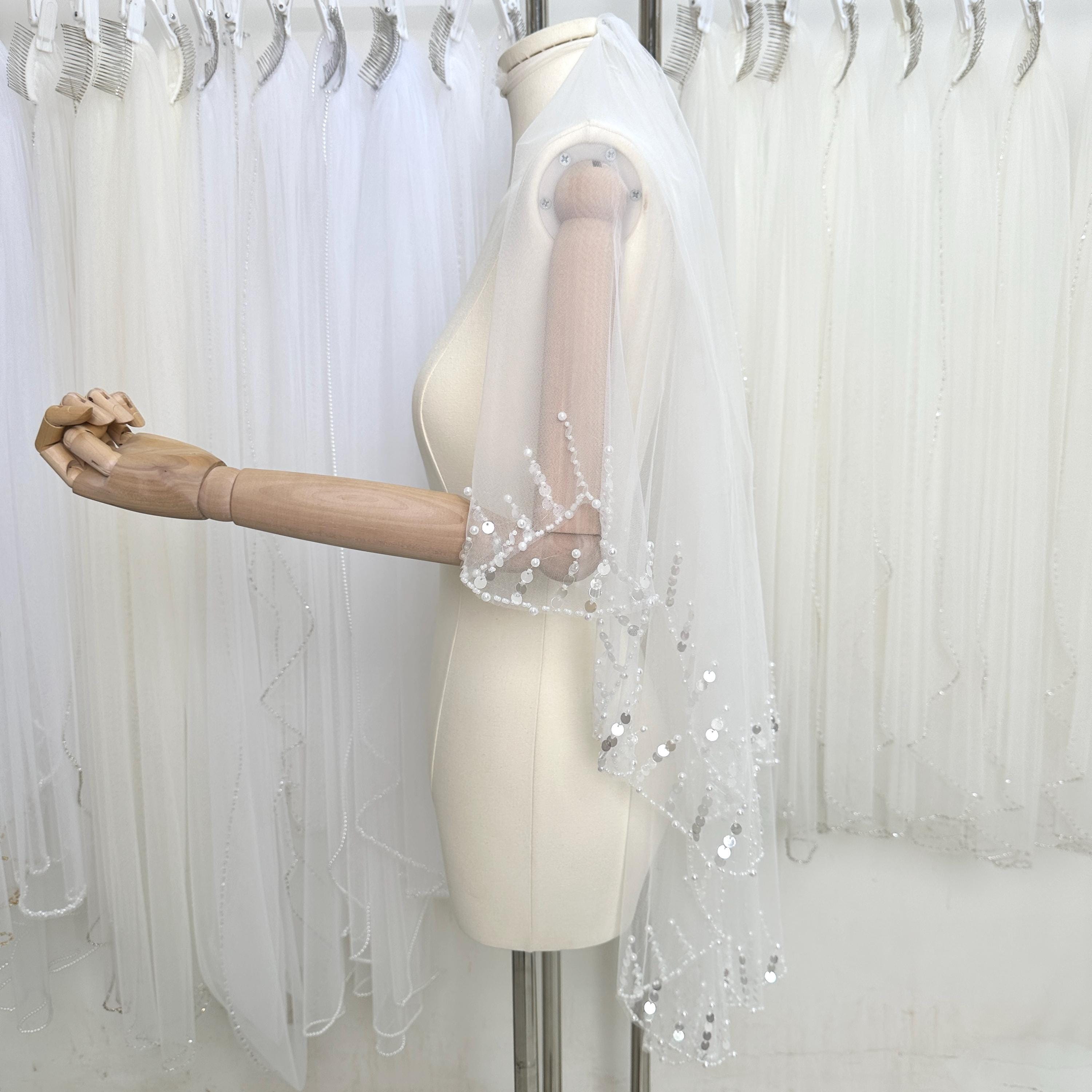 Pearl Sequins Bridal Veil,cathedral Fingertip Veil,two  display picture 1