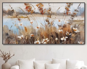 Art Wabi-Sabi Original Automne Brun Flétri Paysage Peinture Huile Fleur Rivière Personnalisé Premium Salon Déco Murale Œuvre Chinoise Unique