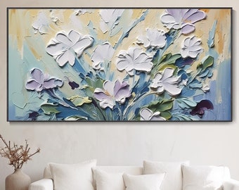 3D Botanische Bloem Olieverf Schilderij Lente Blauw Witte Bloemen Groene Bladeren Textuur Kunst Natuur Huis Muur Decor Cadeau Voor Meisjes