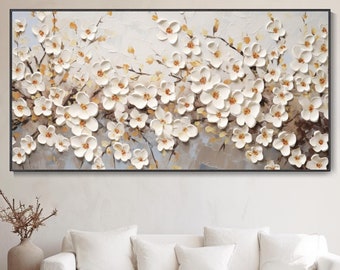 Frühlingsblühende Birnenblumen Landschaft Ölgemälde 3D Struktur Weißfloral Kunst Elegante moderne Wanddekoration Personalisierbares Geschenk