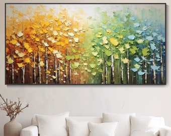 Peinture À L'huile Originale Forêt Abstraite Automnale Feuilles Dorées Vertes Art Sur Toile Nature Paysage Décoratif Mural Personnalisé Pour