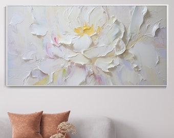 Abstract 3D Flower Oil On Canvas Spring Blooming White Peonies Modern Heavy Textured Floral Art Palette Knife Painting Minimalist Home Decor