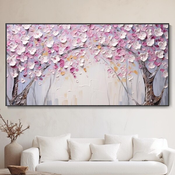 Peinture L'huile 3D Abstraite Fleur Pêcher Rose Sur Toile Texture Florale Romantique Art Couple Cadeau Mariage Décor Murale Maison Printemps