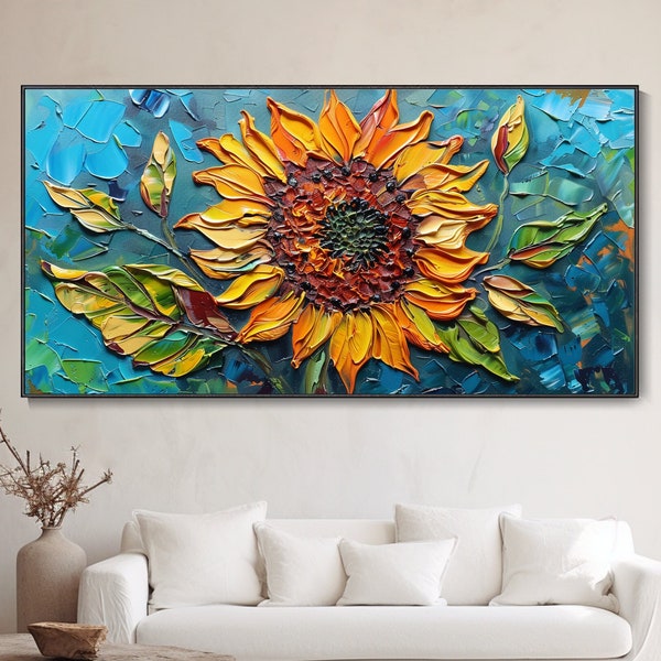 Pintura Óleo Campo Girasoles Amanecer, Vibrante Amarillo Floral Textura Arte Pared Paisaje Rústico Decor Hogar Natural Regalo Personalizable