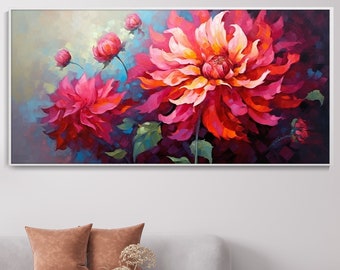 Dahlia Éclatant Décoration Peinture À L'huile Vitalité Art Mural Salon Vertical Texture Épaisse Peinture Au Couteau Fleur Nature Beauté Art