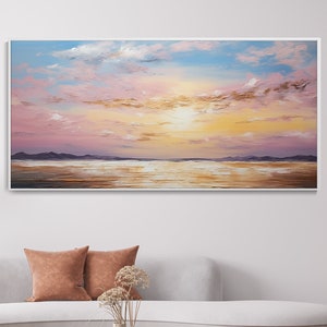 Grande Peinture À L'huile Originale Coucher Soleil Marin Esthétique Ciel Rose Nuages Dorés Art Paysage Marin Minimaliste Mer Moderne Décor image 1