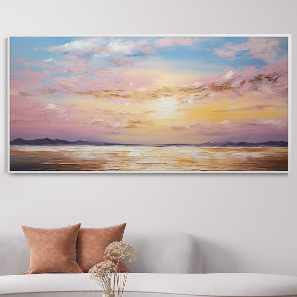 Original ästhetisches Meer Sonnenuntergang Ölgemälde Rosa Himmel Wolken Golden Moderner Minimalismus Seelandschaft Kunstwerk Stille Insel