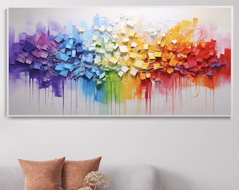 Gran Pintura al Óleo Abstracta Texturas Geométricas Colores Arcoíris Decor Mural Personalizable Creativa Para Hogares Estética Contemporánea