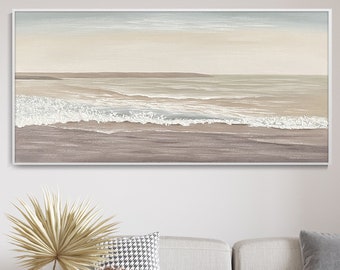 Original Abstrait Île Tranquille Plage Peinture Huile Wabi-Sabi Brun Mer Art Littoral Vague Paysage Moderne Minimaliste Maison Décor Murale