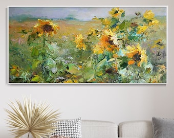 Abstrakte Sonnenblume Ölgemälde, Blühende Blumen, Handgemalte Botanische Strukturierte Leinwand Kunst, Wohnzimmer Sofa Hintergrund Wanddekor
