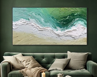 Große Abstrakte Grüne Meer Leinwand Ölgemälde Schöne Insel-Landschaft Strand Welle Textur Kunst Moderne Wohnzimmer Wanddekor Hause Geschenk