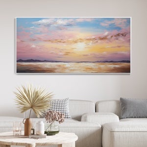 Grande Peinture À L'huile Originale Coucher Soleil Marin Esthétique Ciel Rose Nuages Dorés Art Paysage Marin Minimaliste Mer Moderne Décor image 2