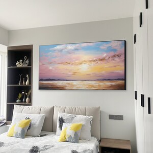 Grande Peinture À L'huile Originale Coucher Soleil Marin Esthétique Ciel Rose Nuages Dorés Art Paysage Marin Minimaliste Mer Moderne Décor image 4