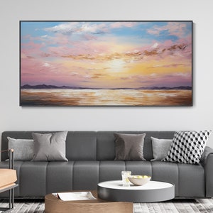 Grande Peinture À L'huile Originale Coucher Soleil Marin Esthétique Ciel Rose Nuages Dorés Art Paysage Marin Minimaliste Mer Moderne Décor image 10