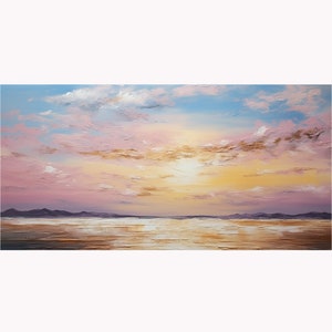 Grande Peinture À L'huile Originale Coucher Soleil Marin Esthétique Ciel Rose Nuages Dorés Art Paysage Marin Minimaliste Mer Moderne Décor image 3