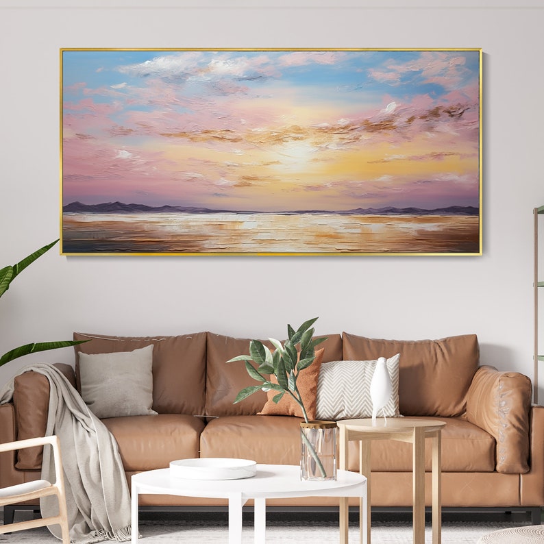 Grande Peinture À L'huile Originale Coucher Soleil Marin Esthétique Ciel Rose Nuages Dorés Art Paysage Marin Minimaliste Mer Moderne Décor image 5