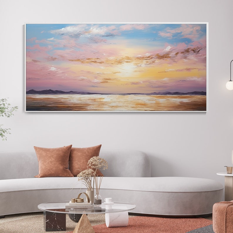 Grande Peinture À L'huile Originale Coucher Soleil Marin Esthétique Ciel Rose Nuages Dorés Art Paysage Marin Minimaliste Mer Moderne Décor image 1