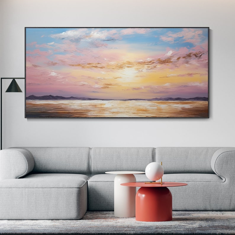 Grande Peinture À L'huile Originale Coucher Soleil Marin Esthétique Ciel Rose Nuages Dorés Art Paysage Marin Minimaliste Mer Moderne Décor image 8