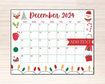 PRINTABLE December Calendar, Christmas Calendar, Holiday Calendar, December 2024 Printable Calendar, Family Calendar, Printable Digital