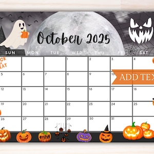 Editable October 2025 Calendar, Printable Calendar, 2025 Spooky Halloween Calendar w/ Scary Pumpkins and Ghosts, Cute Designs for Halloween