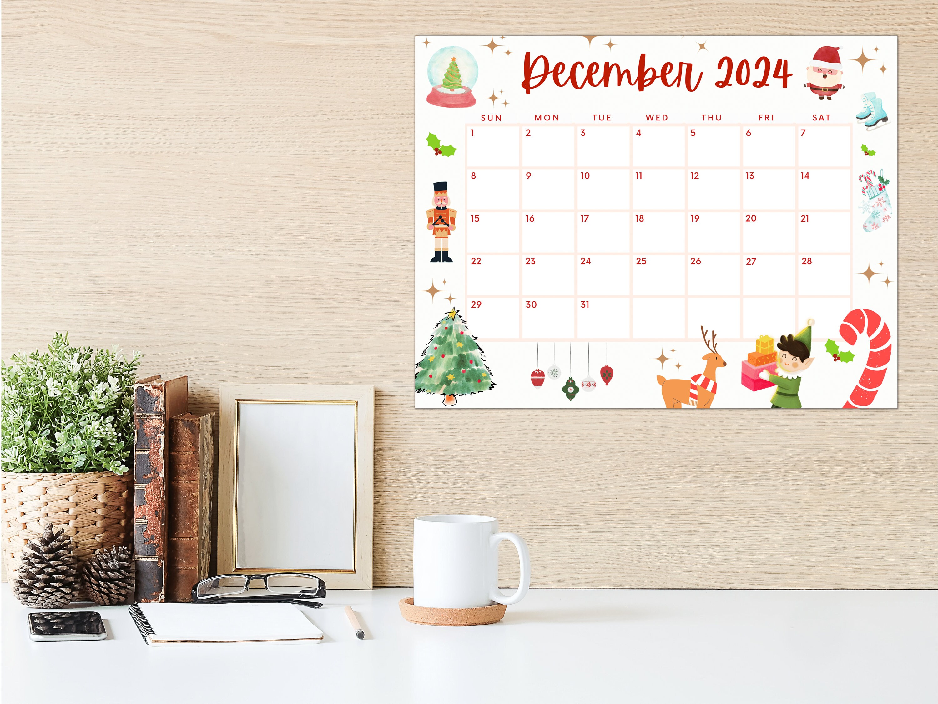 Calendario Diciembre Imprimible 2024, Calendario Navidad, Calendario