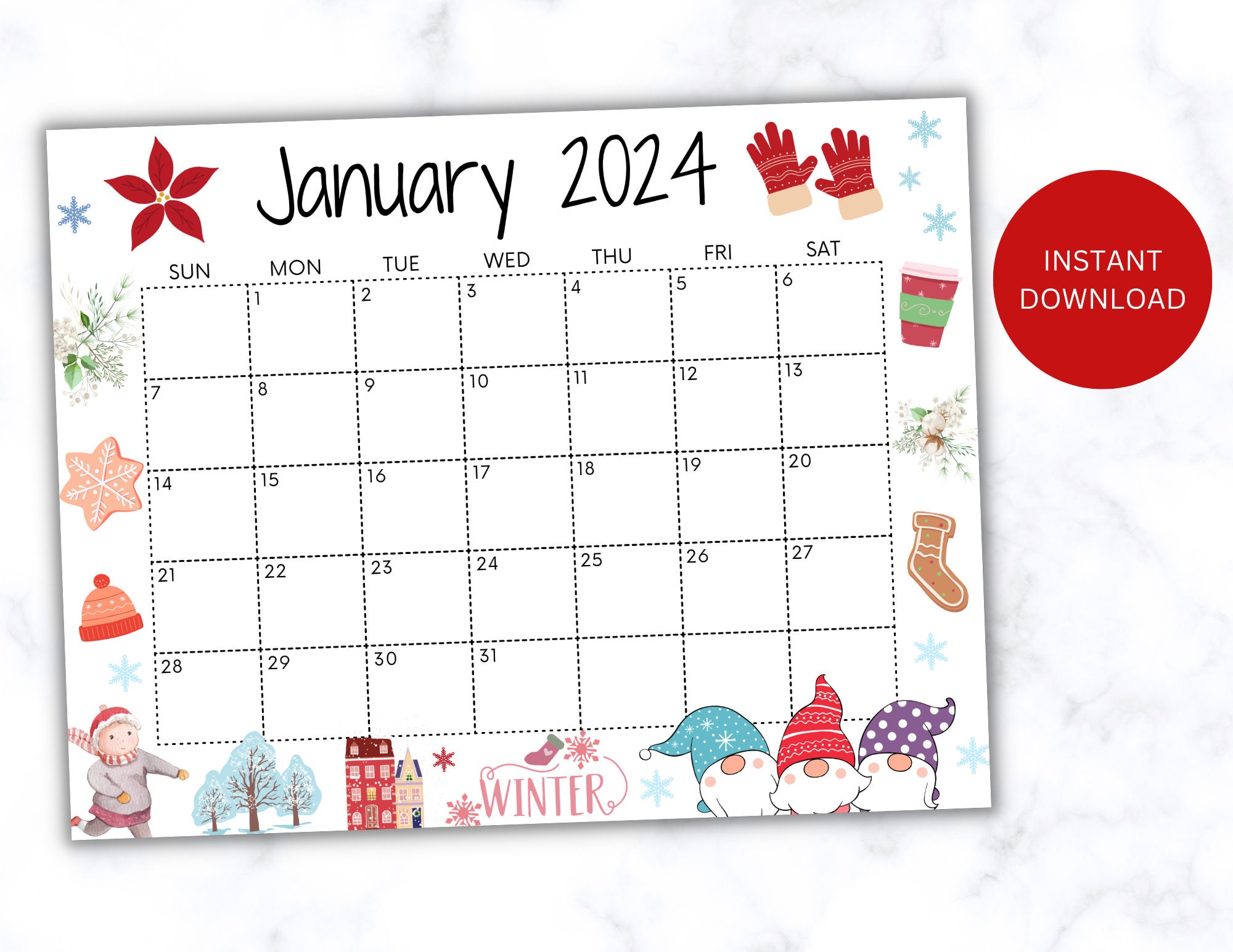 Editable January Calendar 2024 Printable Wall Calendar 2024 Etsy