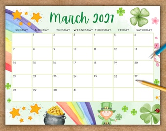 EDITABLE March 2027 Calendar, Printable Rainbow Calendar w/ Happy St Patricks Day Planner for March, Kids School Schedule Irish Day
