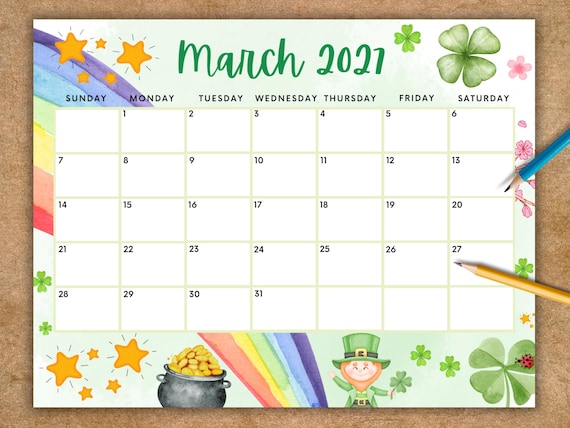 EDITABLE March 2027 Calendar, Printable Rainbow Calendar W/ Happy St Patricks Day Planner for March, Kids School Schedule Irish Day - Etsy