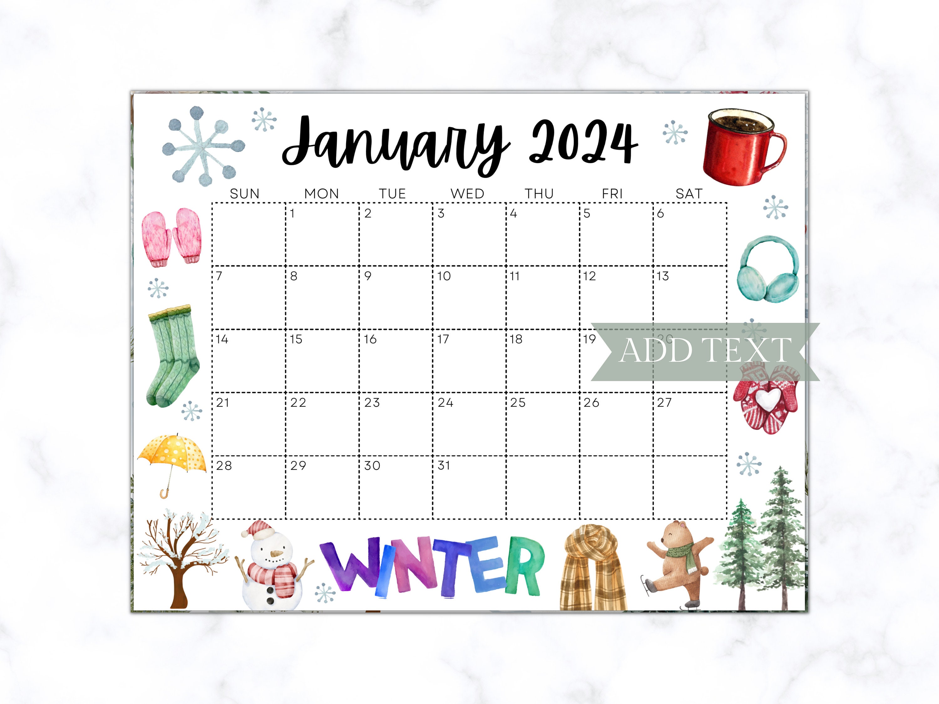 Calendario de enero editable 2024, Calendario de pared imprimible 2024