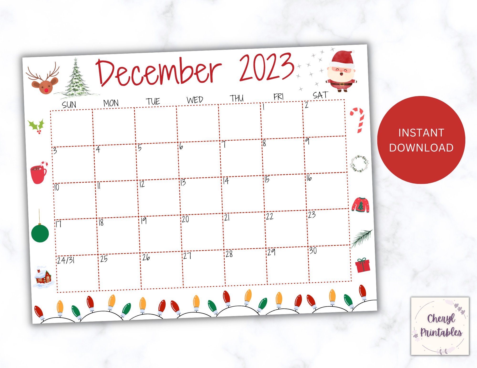 PRINTABLE December Calendar Christmas Calendar Holiday Etsy
