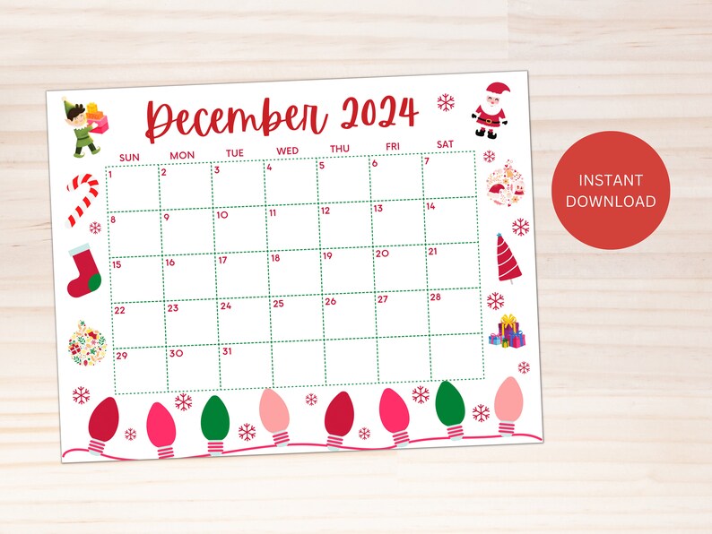 Printable December Calendar 2024, Christmas Calendar, Holiday Calendar