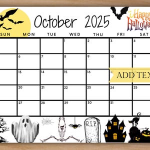 Editable October 2025 Calendar, Printable Happy Halloween Calendar w/ Spooky Castle, Monthly Calendar, School Calendar, Kids School Schedule
