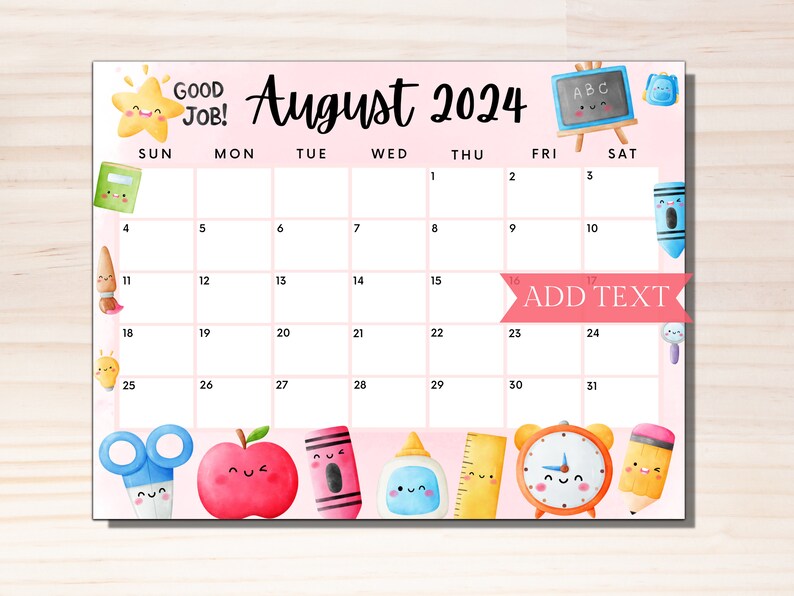 Printable August 2024 Calendar, Editable Calendar 2024, Back to School