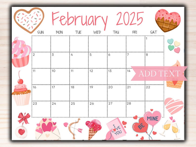 Editable February Calendar 2025, Printable Calendar 2025, Cute Calendar for Valentines Day W